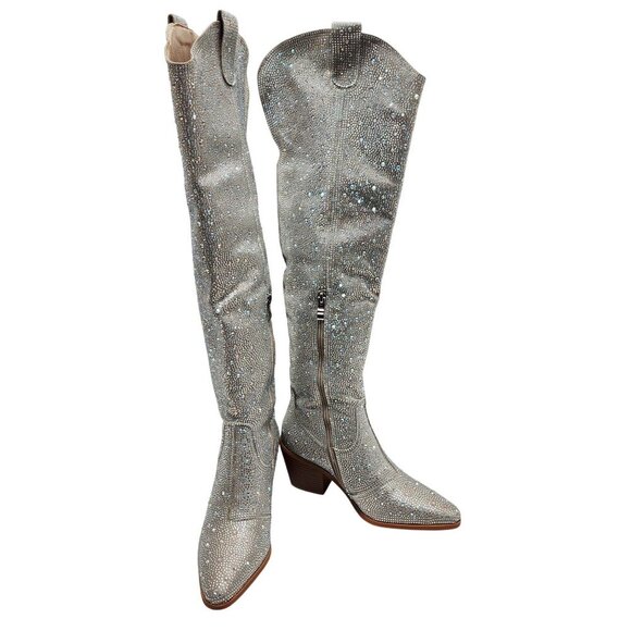 Rhinestone Embellished Silver Western Style Knee-High Boots Block Heel Size 6 - Picture 4 of 12